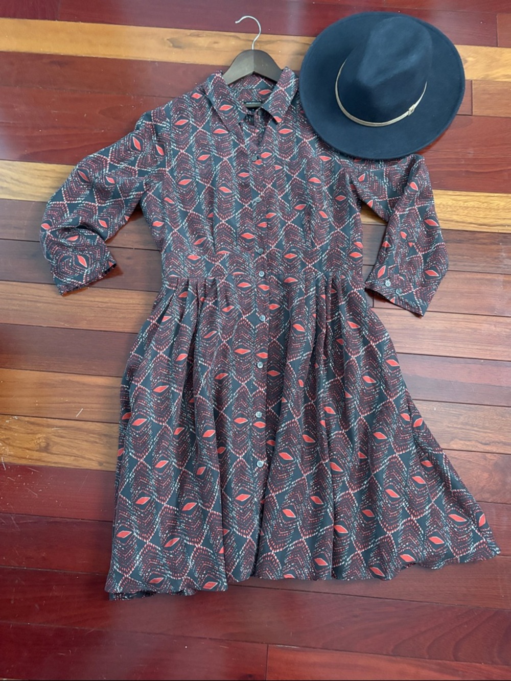 Women's Printed Button-Front Fit & Flare Dress - Black with Red Pattern.